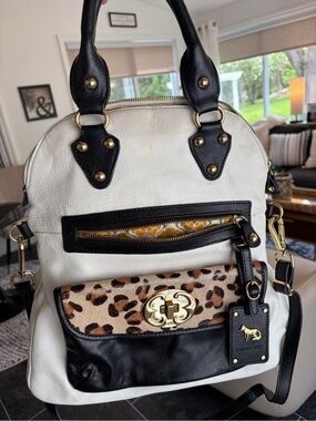 Emma Fox White and Black Leather Backpack with Leopard Accent